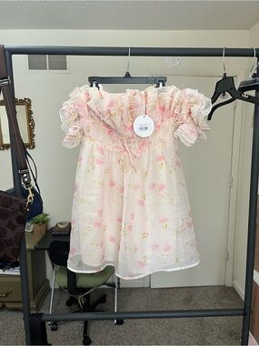 Storia Cream Dress with Pink Floral Ruffles